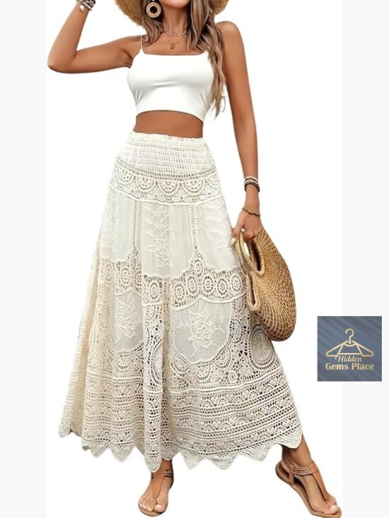 Dresses & Skirts - Floral Embroidered Maxi Skirt Elastic Waist Flared Long Boho A-Line